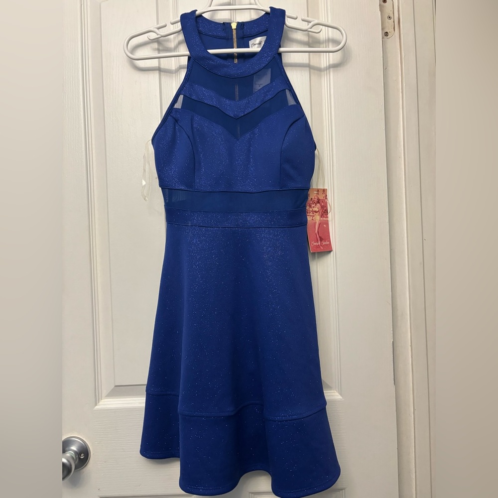 Emerald Sundae Blue Halter Fit and Flare Cocktail Dress